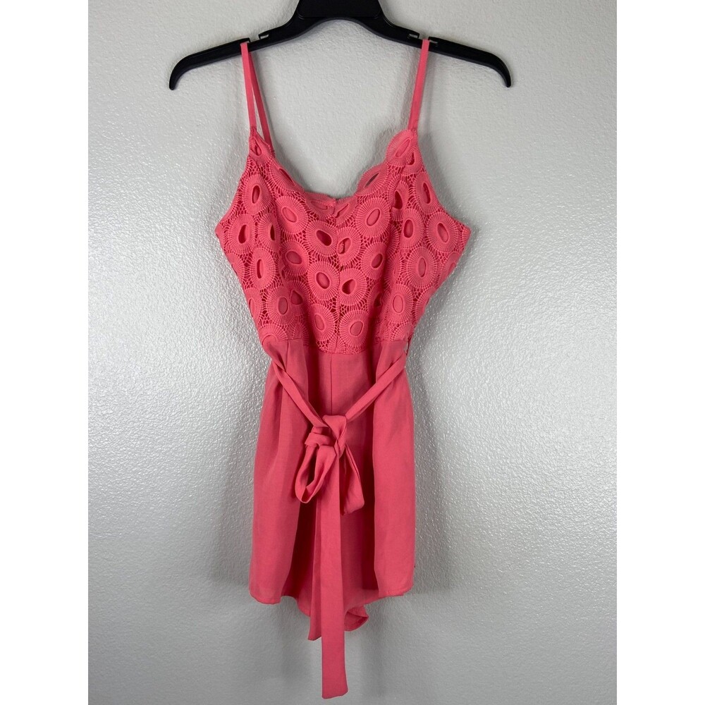 Active USA Women Medium Pink Romper Spaghetti Strap Lace Front Tie Waist